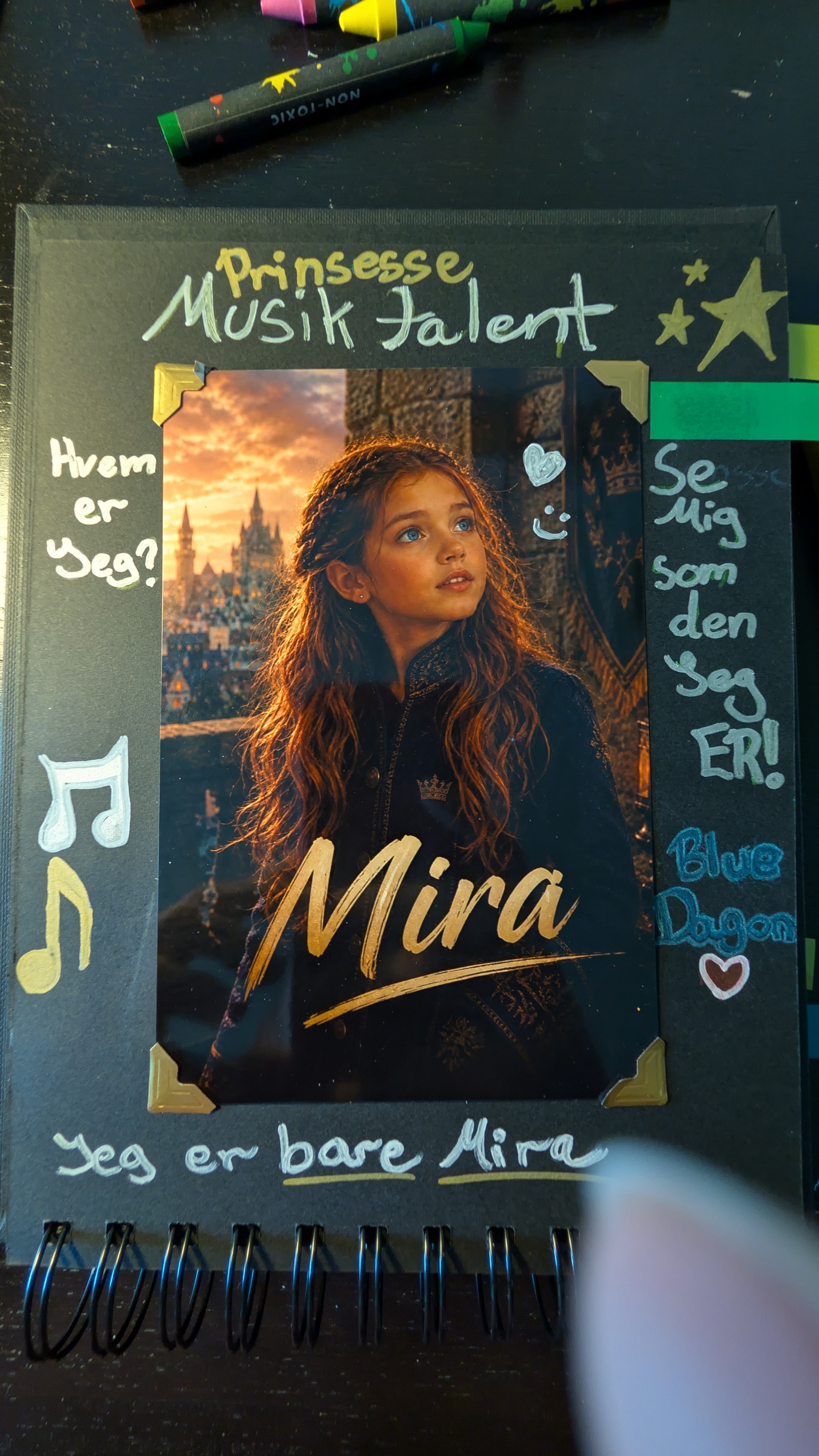 Kreativ notesbogsside om karakteren Mira